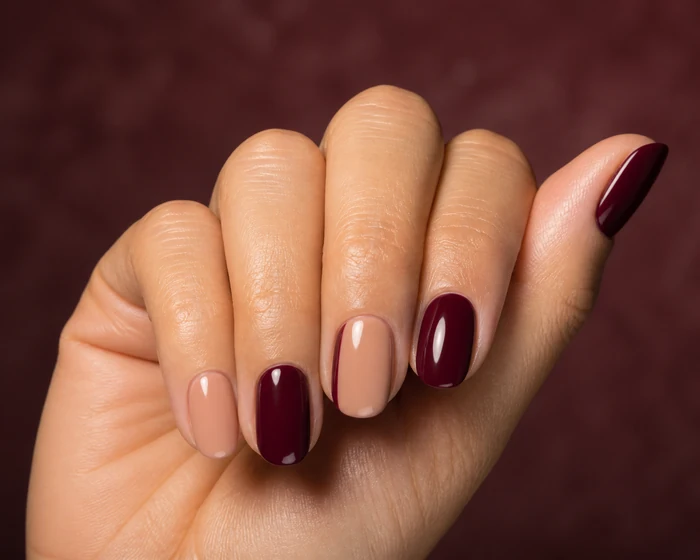 Glossy wine and nude November nails with a slim side French