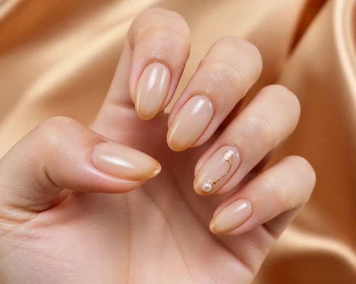 Caramel aura nails with a bronze swirl accent