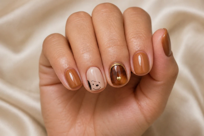 Short caramel Thanksgiving nails with Snoopy and tortoiseshell