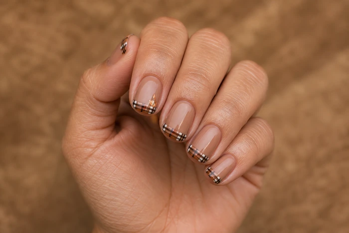Short caramel sweater weather nails with mini plaid French