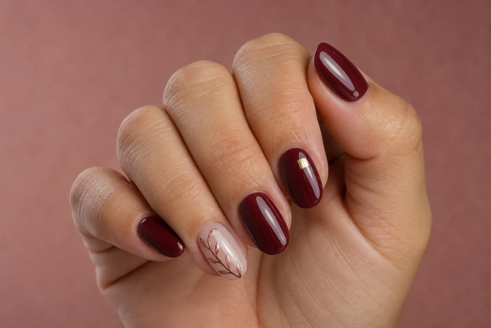 Cranberry acrylic nails with copper branch nail art