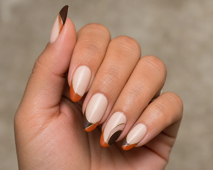 Colorblock French Thanksgiving nails in burnt orange and espresso