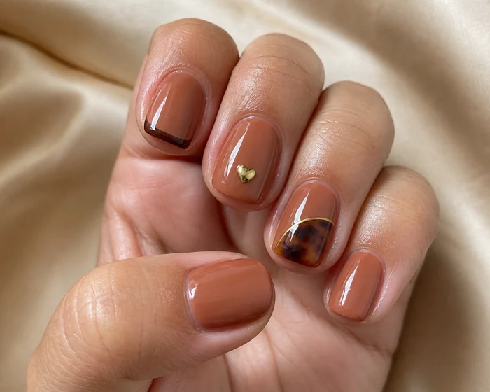 Short caramel Thanksgiving gel nails with tortoiseshell and gold heart
