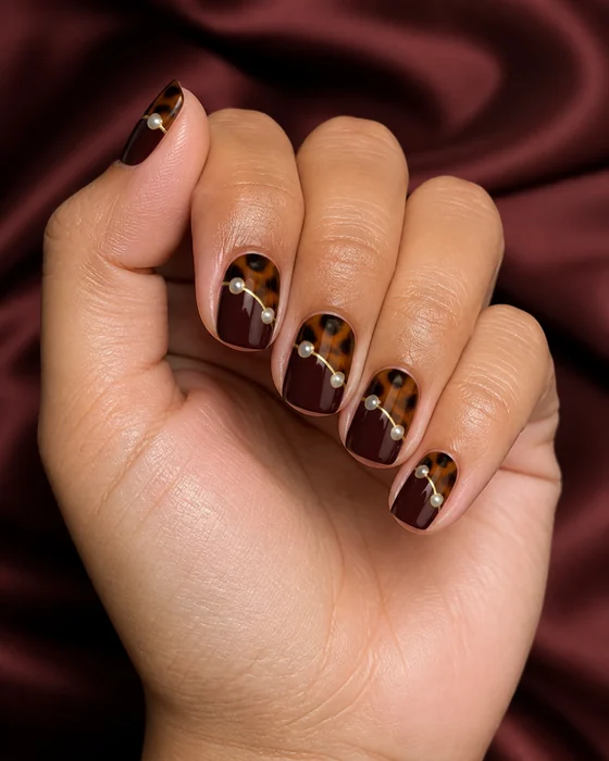 Deep wine gel nails with tortoiseshell arcs and pearl detail