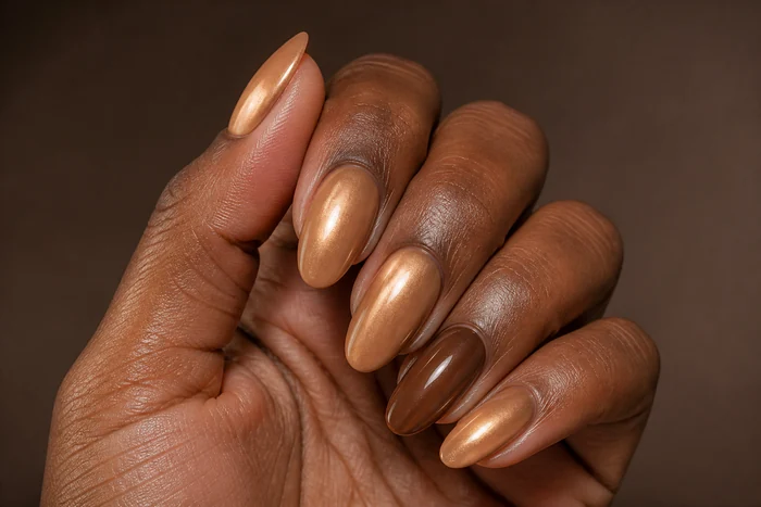Caramel pearl Thanksgiving nails with a cocoa accent