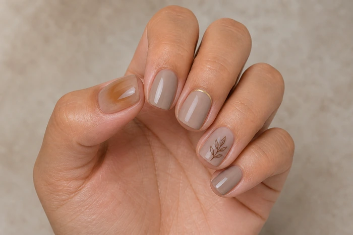 Short taupe nails with brown leaf line nail art