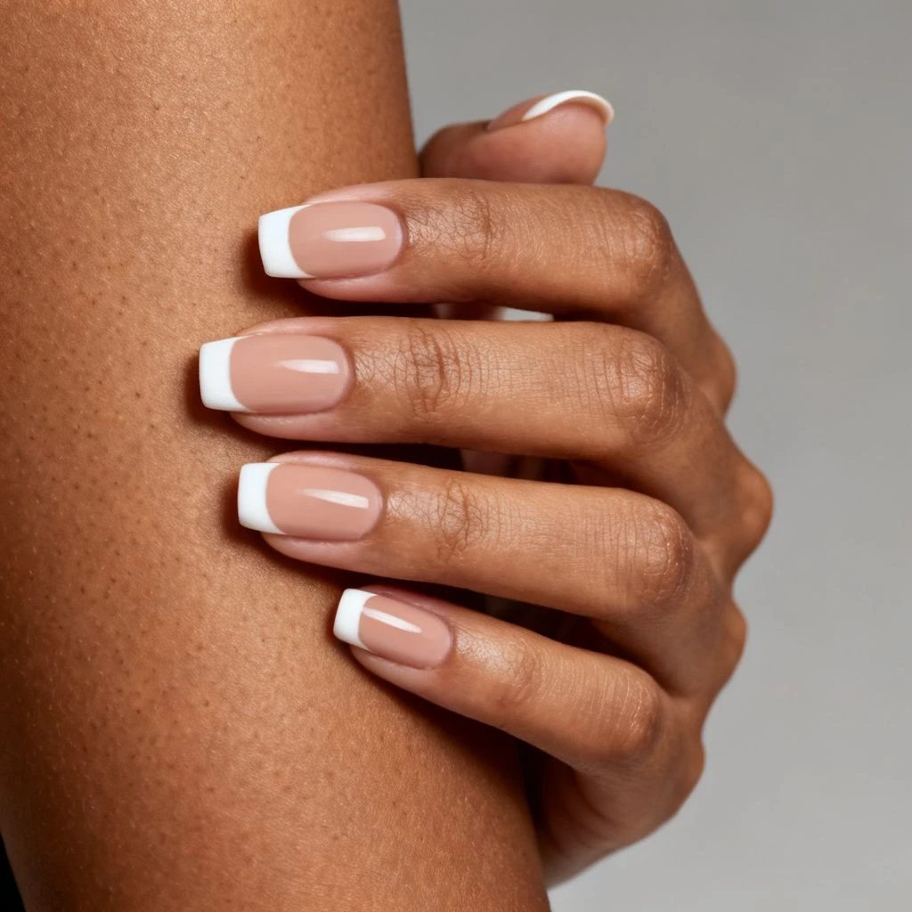 Classic soft-square French tip nails on a hand against a plain neutral studio background.