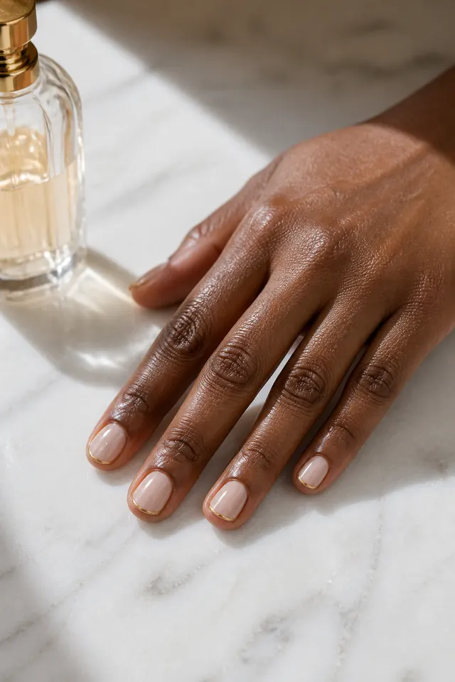 Short natural nails with a delicate gold micro French line.