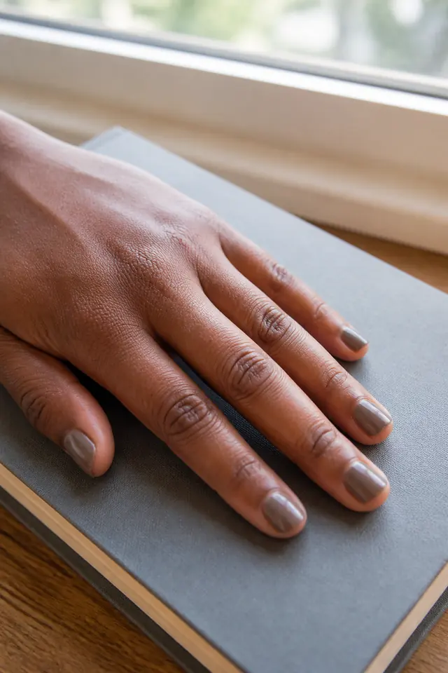 Short Taupe short autumn nail design on a woman’s hand.