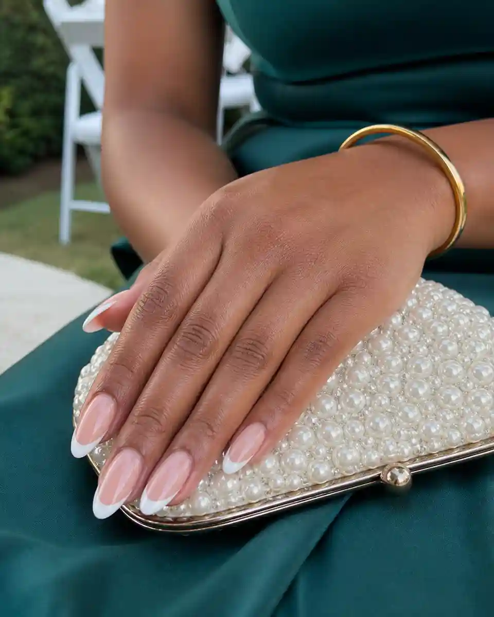 Elegant long french tip nails resting on a pearl clutch
