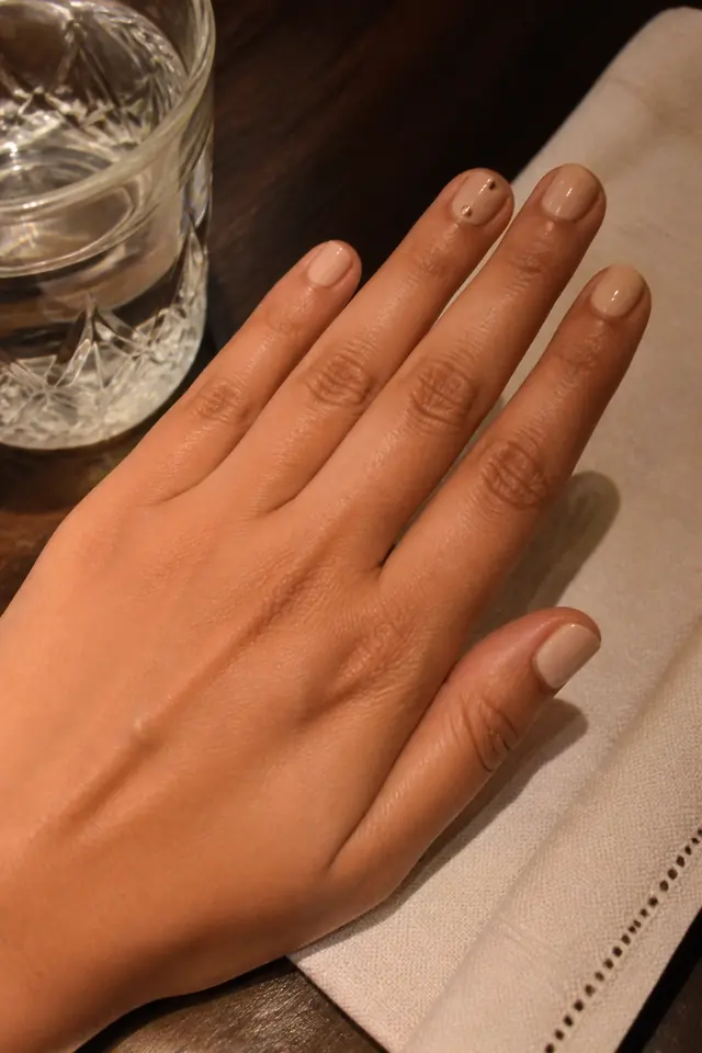 Short Beige With Gold short autumn nail design on a woman’s hand.