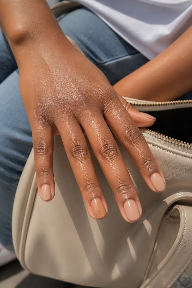 Short Amber Glitter short autumn nail design on a woman’s hand.
