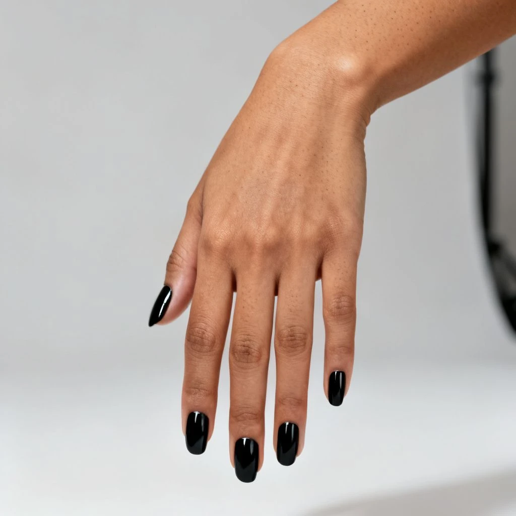 Glossy black oval nails on a hand against a plain neutral studio background.