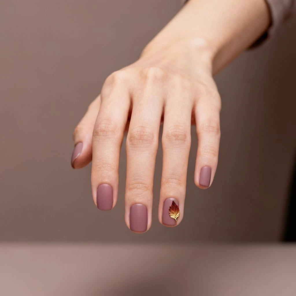 Short natural taupe nails with one small autumn leaf accent.
