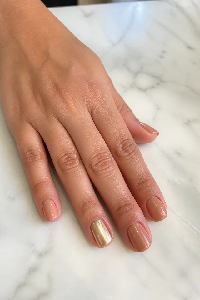 Short Gold Chrome short autumn nail design on a woman’s hand.