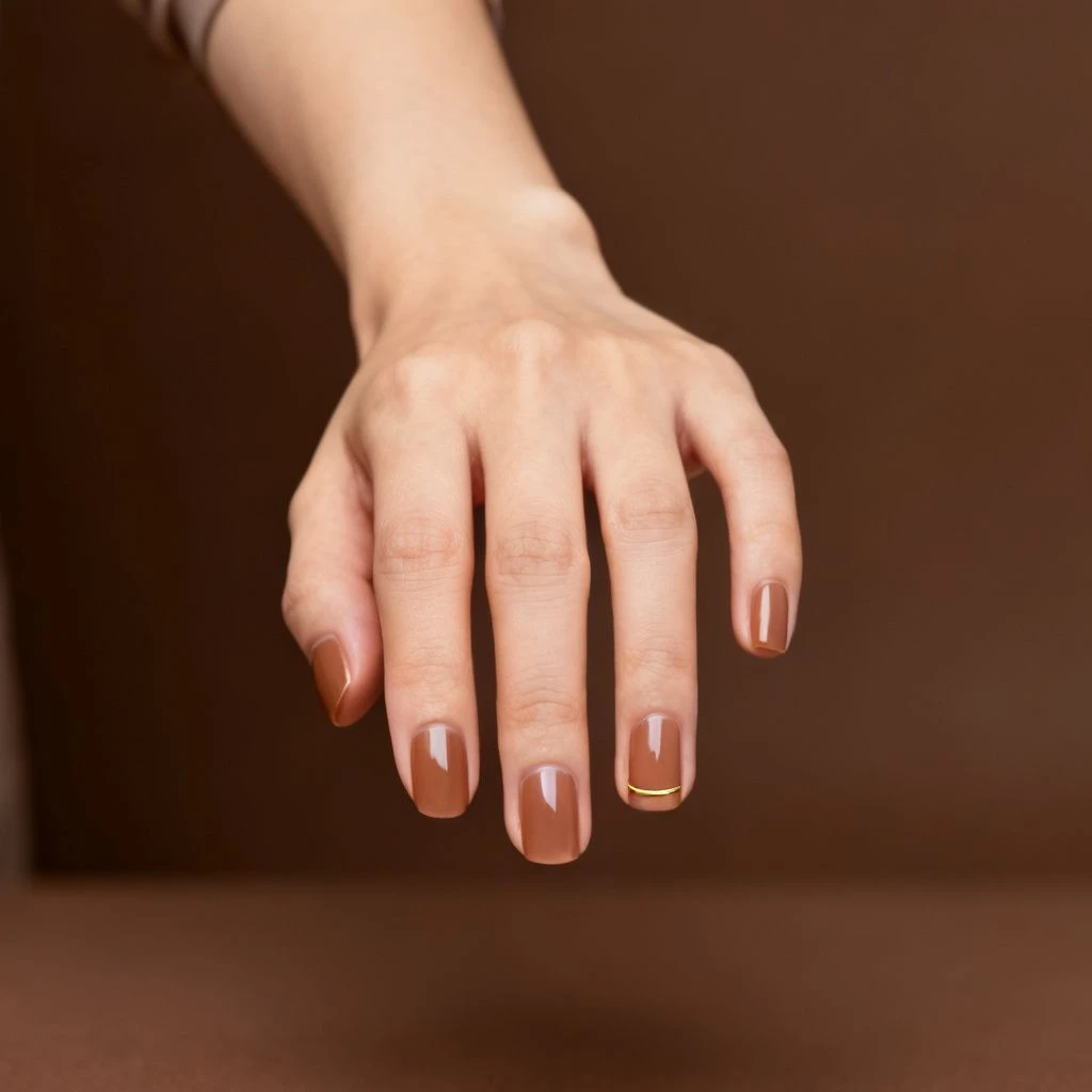 Short natural sheer brown nails with a delicate gold line accent.