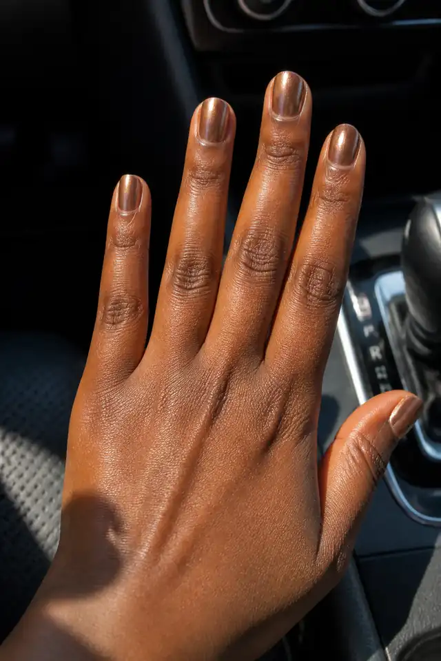 Short Bronze Chrome short autumn nail design on a woman’s hand.