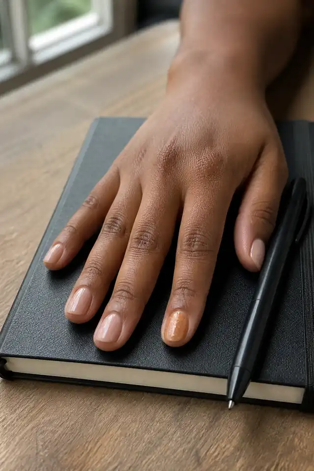 Short natural nude nails with one subtle amber glitter accent.