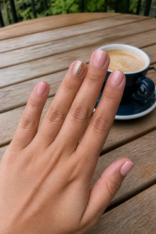 Short Champagne Glitter short autumn nail design on a woman’s hand.