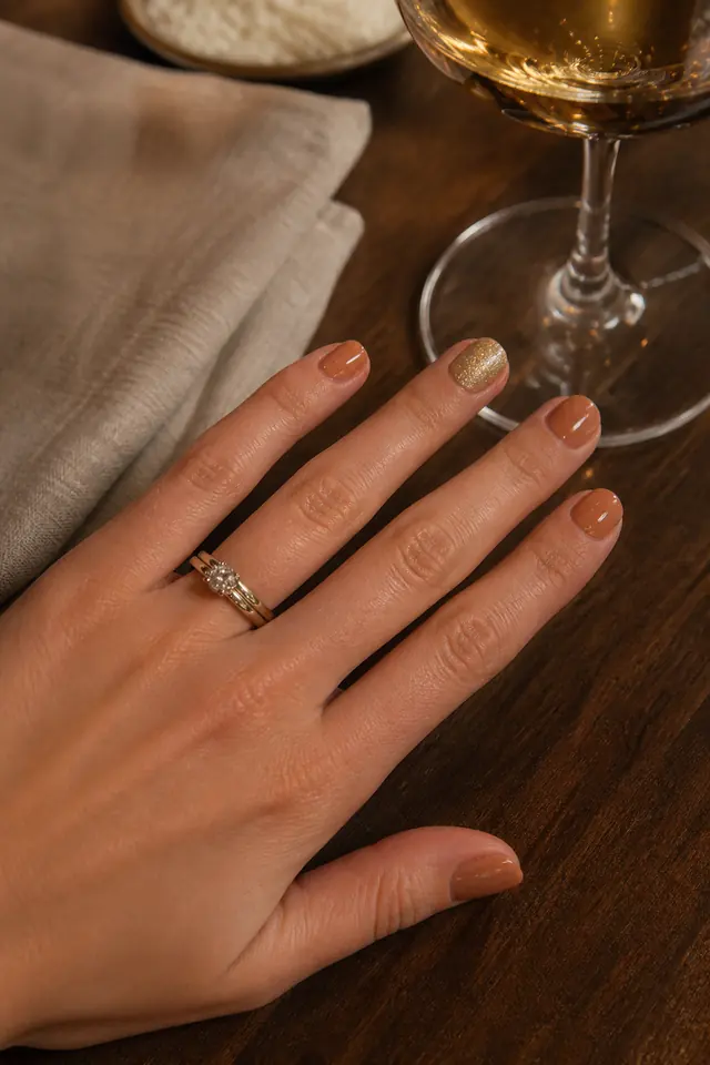 Short natural caramel nails with one champagne sparkle accent.