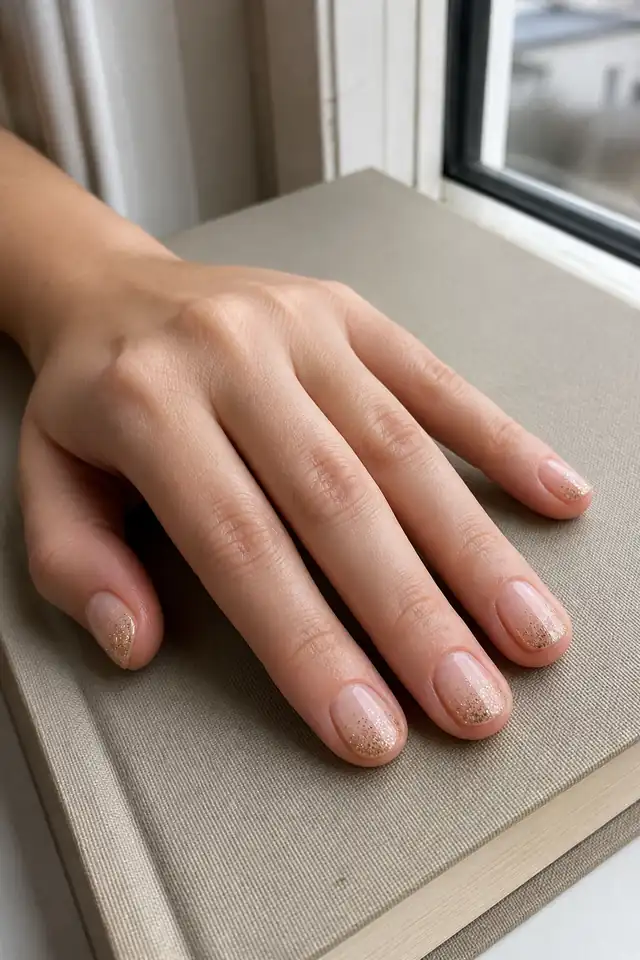 Short Gold Ombré short autumn nail design on a woman’s hand.