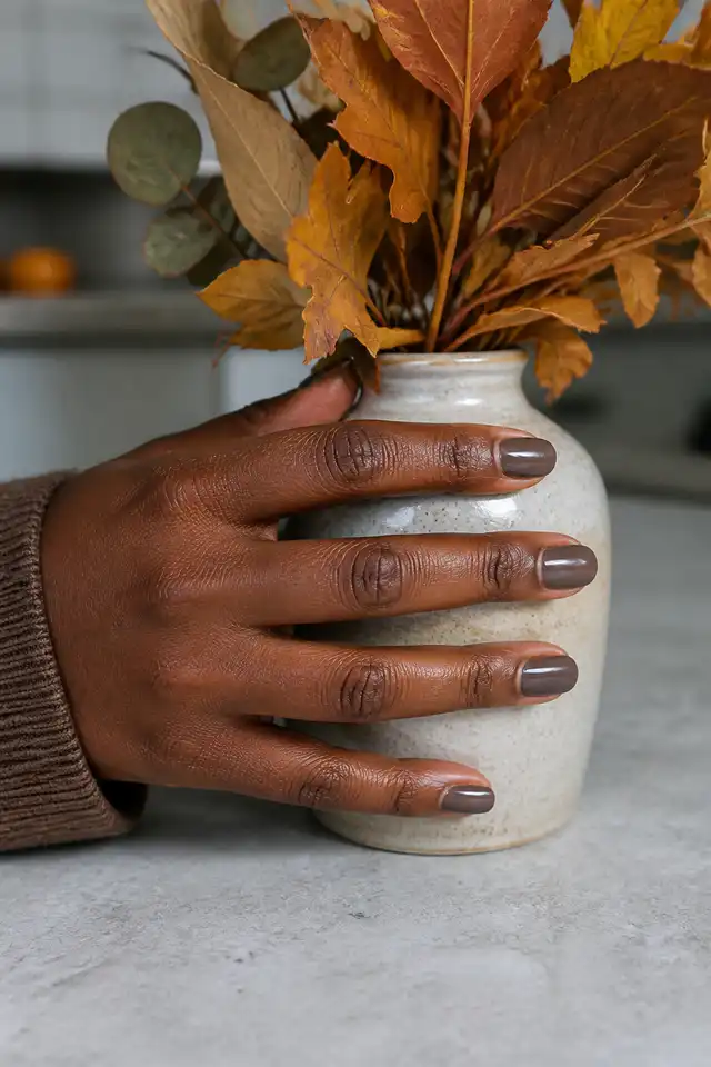 Mushroom taupe fall nails on a woman’s hand with understated jewelry.