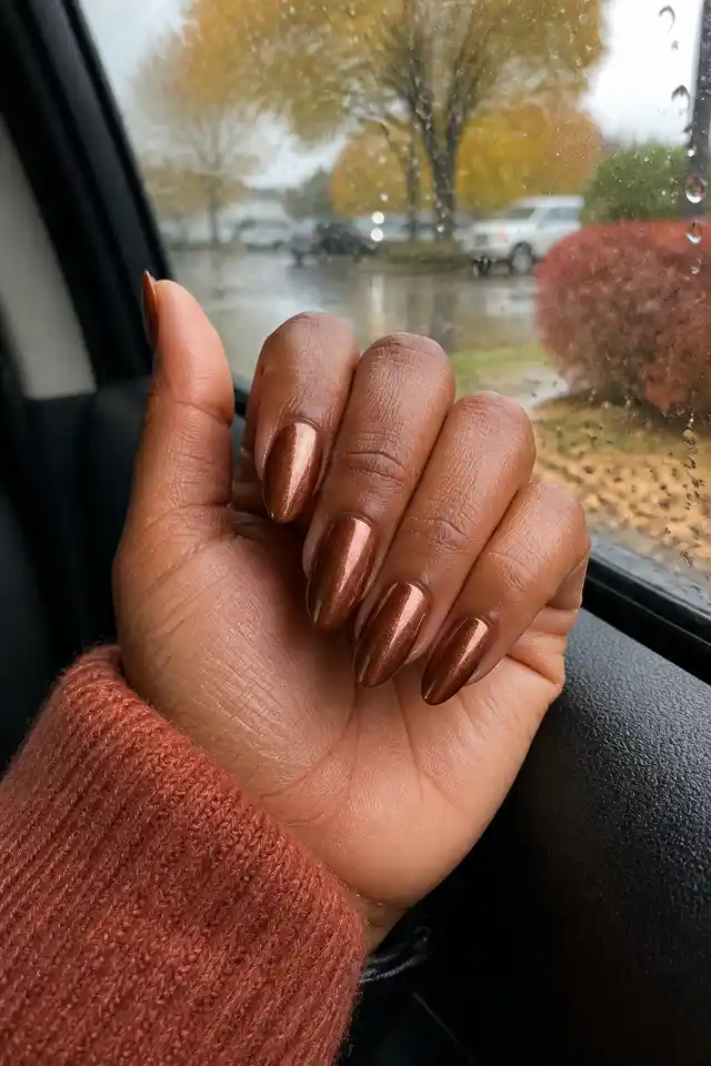 Copper chrome fall nails on a woman’s hand in warm evening light.