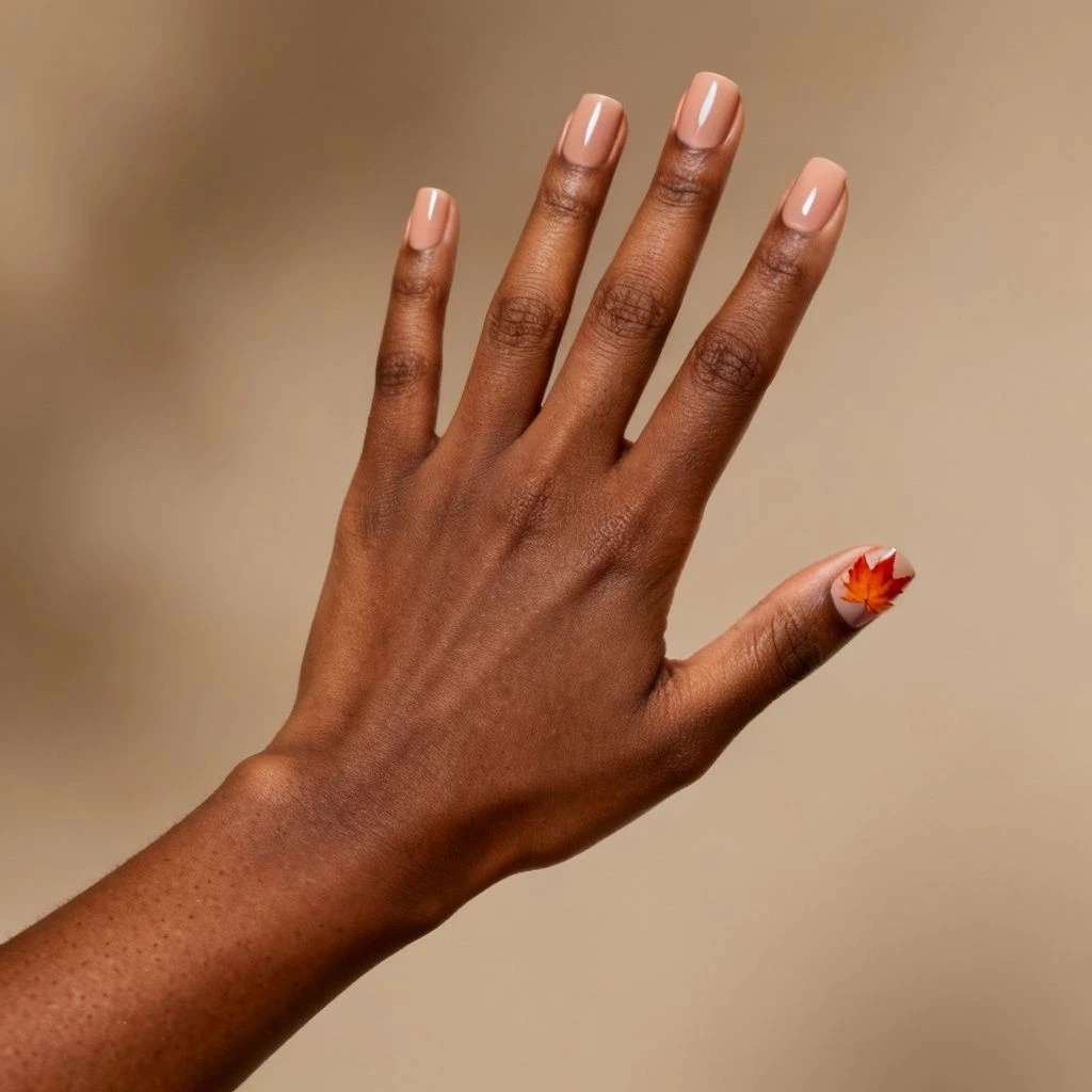 Tiny Leaf Accent short autumn nail design on a woman’s hand.