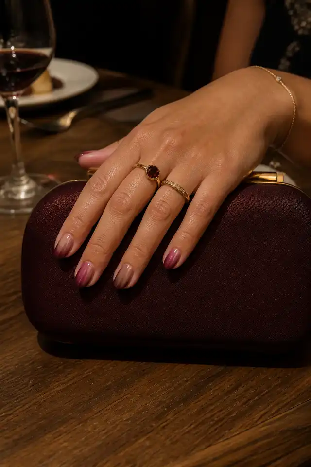 Burgundy aura fall nails on a woman’s hand with a soft gradient finish.