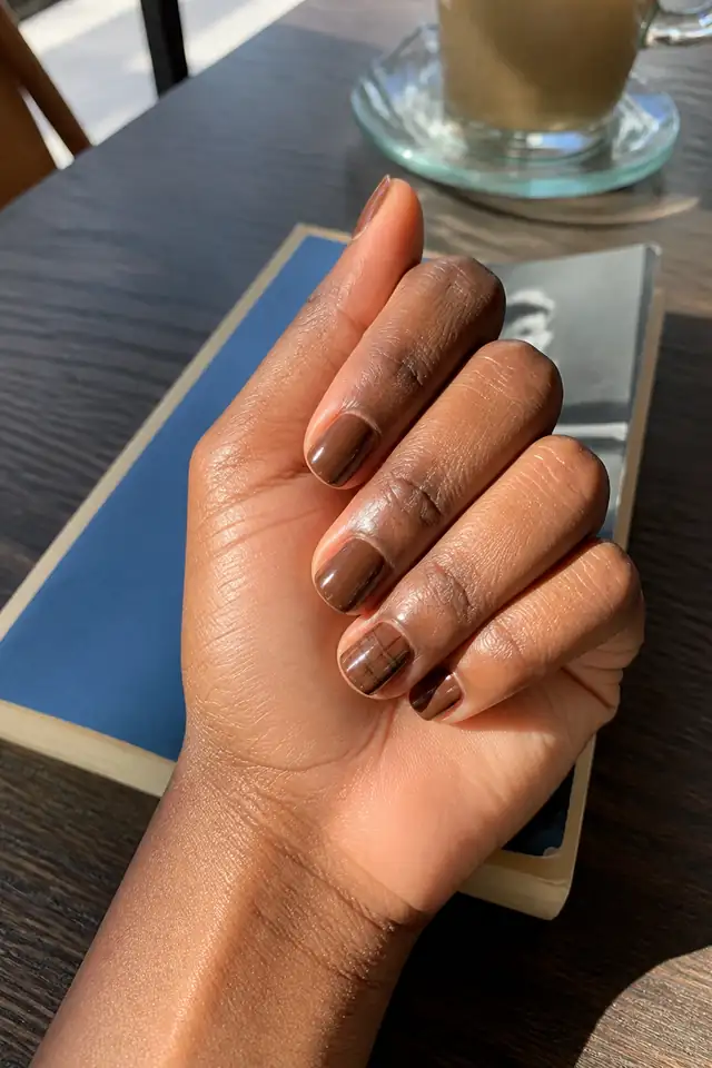 Short Plaid Accent short autumn nail design on a woman’s hand.