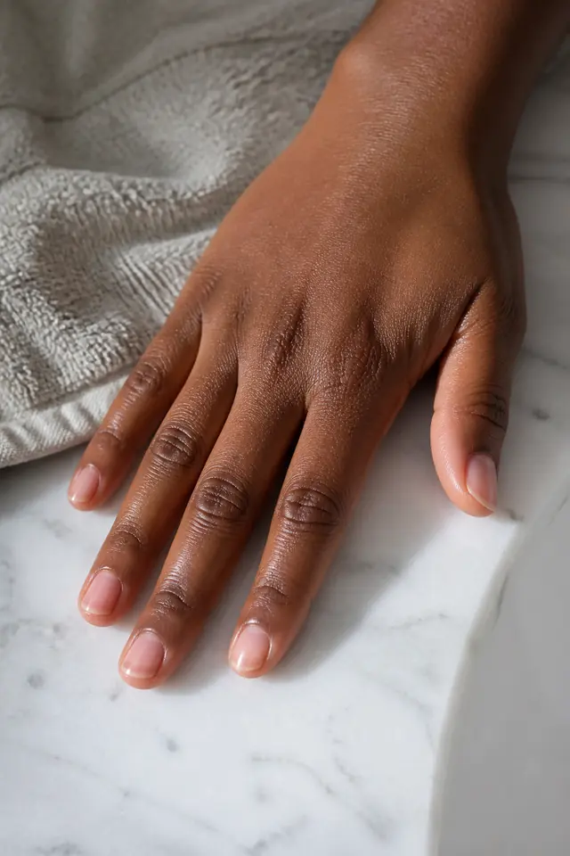 Short bare natural nails with hydrated cuticles and healthy shine.