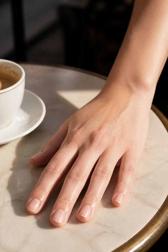 Short natural nails with a clear conditioning shine and tidy cuticles.