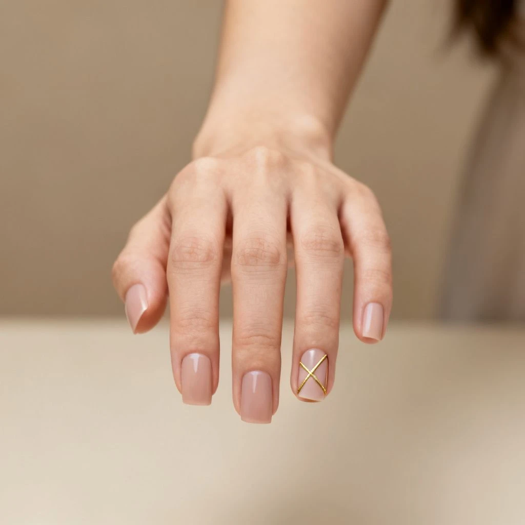 Fine Gold Line Art short autumn nail design on a woman’s hand.