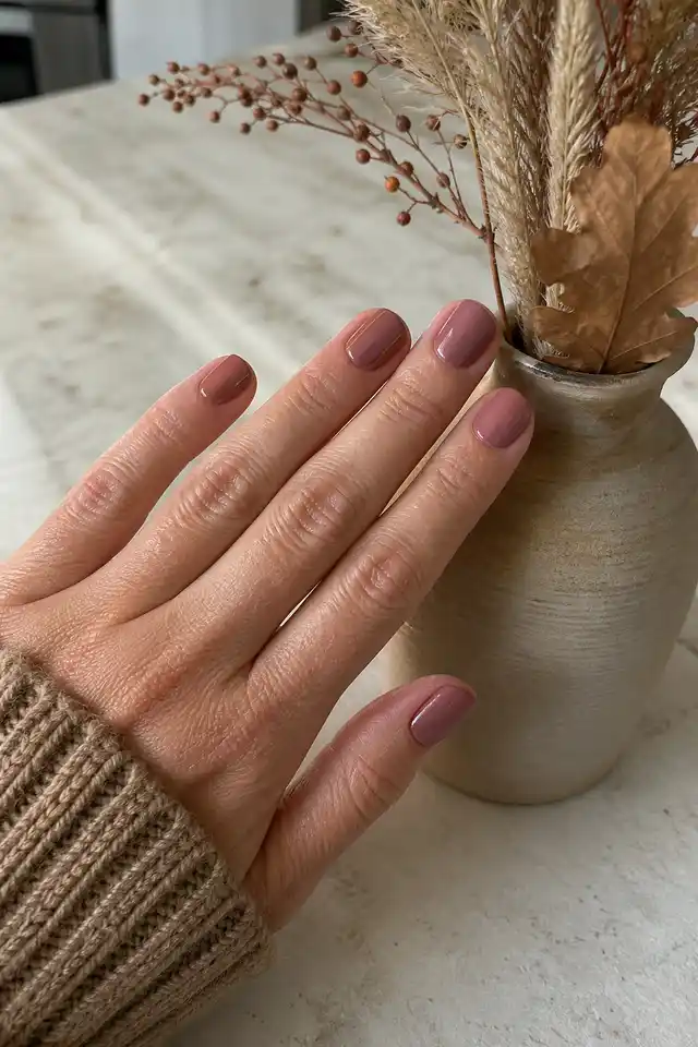 Dusty rose fall nails with a subtle gold accent on a woman’s hand.
