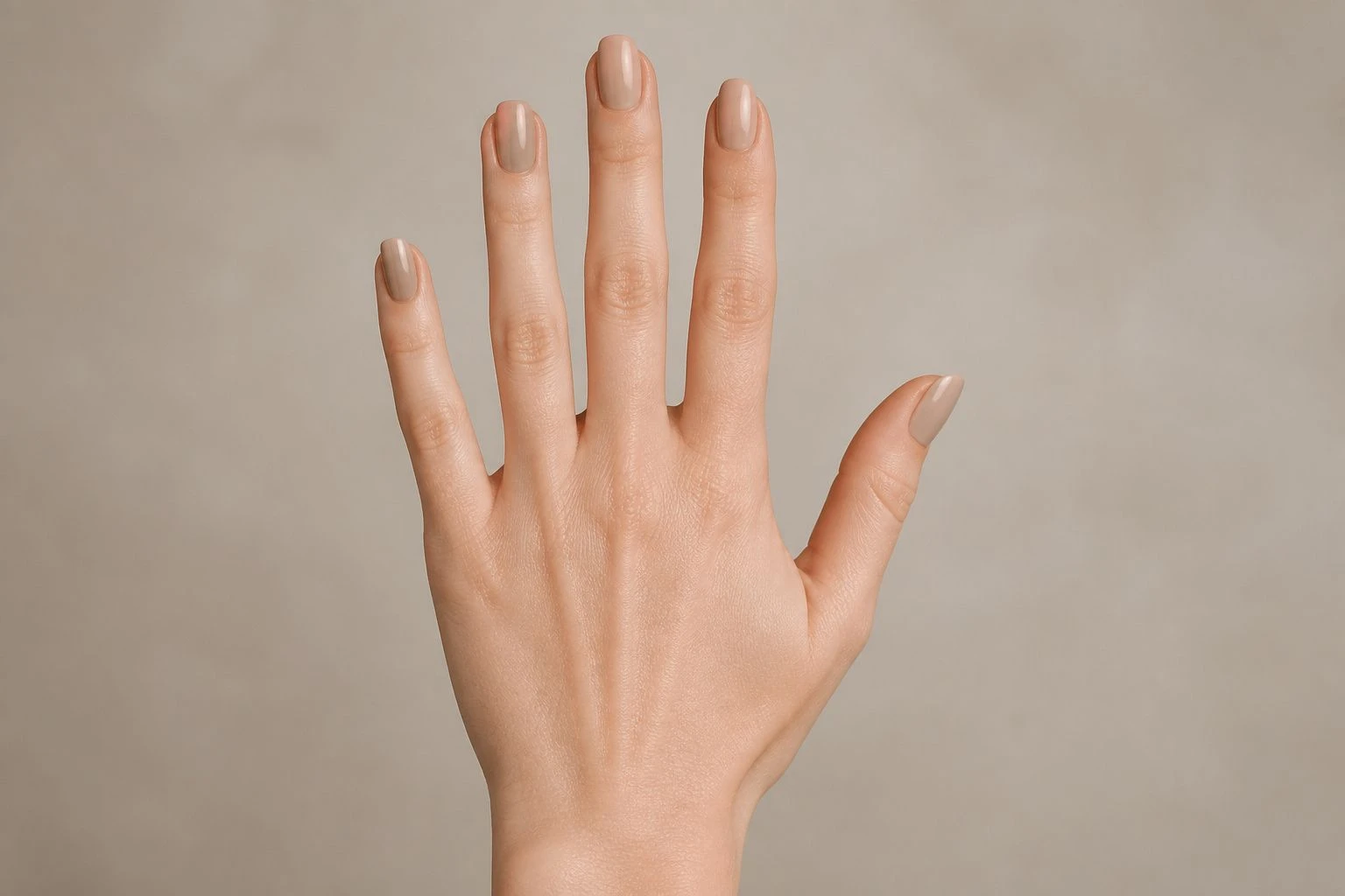 Muted Beige Oval autumn nails on a woman’s hand, oval shape, hand-only studio macro shot.
