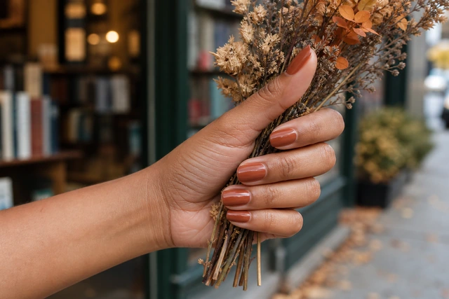 Medium Terracotta autumn nails on a woman’s full hand in a natural setting.