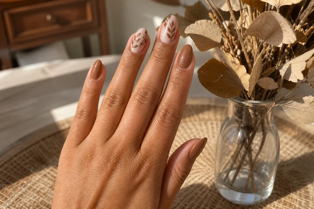 Soft Leaf Detail autumn nails on a woman’s full hand in a natural setting.