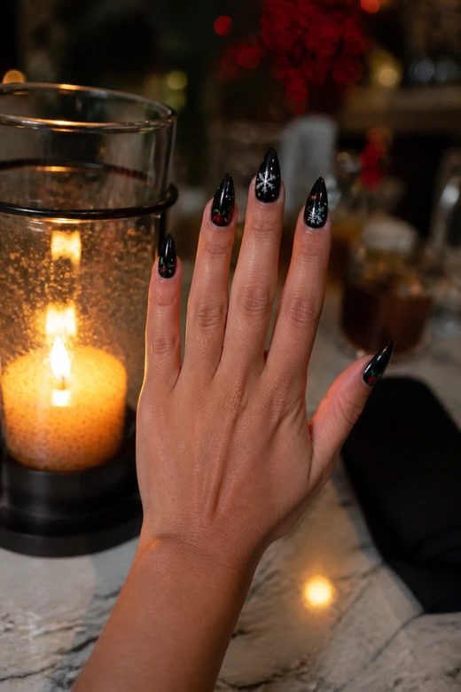 Long Black Stiletto baddie Christmas nails