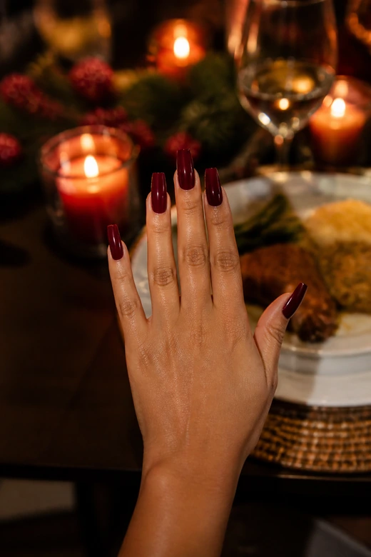 Burgundy Coffin baddie Christmas nails