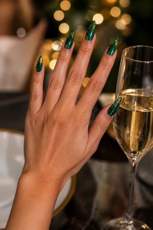 Emerald Gold Stiletto baddie Christmas nails