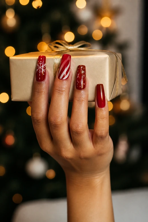 Long Red Coffin baddie Christmas nails