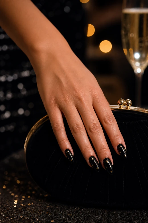 Black nails with tiny gold star accents
