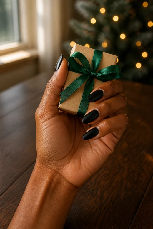 Matte black almond Christmas nails on a woman’s full hand