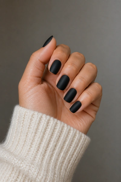 Soft matte black squoval nails on a medium skin tone hand in a softly curled pose with visible wrist and short partial forearm, natural daylight