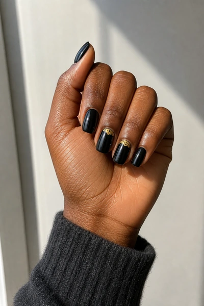 Black nails with minimal gold foil detail on a rich dark brown skin tone hand in a lightly crossed pose with visible wrist and short partial forearm, natural daylight