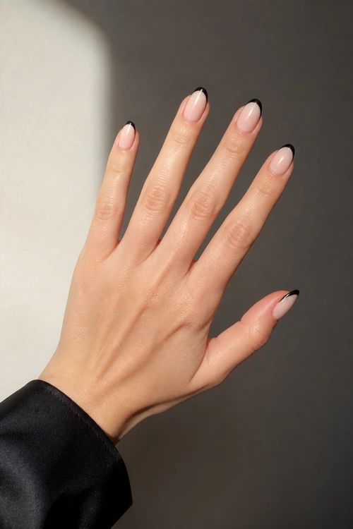 Black French tip nails on a fair skin tone hand in a relaxed open fan pose with visible wrist and short partial forearm, natural daylight