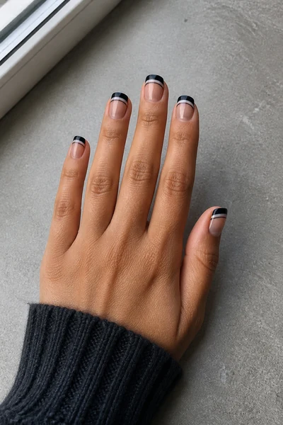Black and charcoal double French tip nails on a medium olive skin tone hand in a fingertip-rest pose with visible wrist and short partial forearm, natural daylight