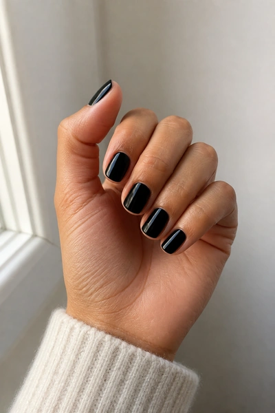 Short glossy black rounded square nails on a tan skin tone hand in a relaxed knuckle angle with visible wrist and short partial forearm, natural daylight