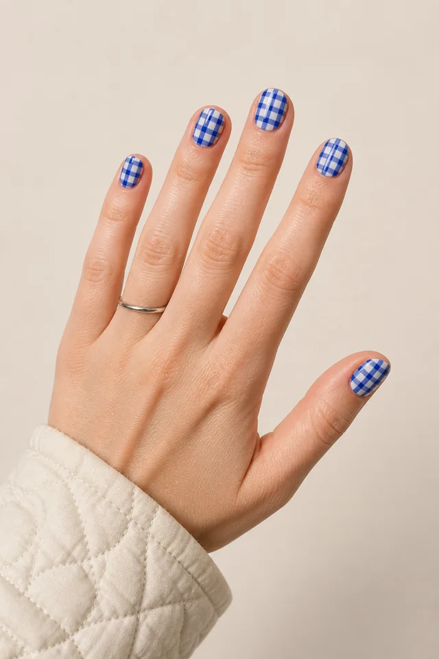 Cobalt blue gingham checks on short oval nails, glossy finish, fair skin, hand resting in soft daylight with a connected wrist and forearm