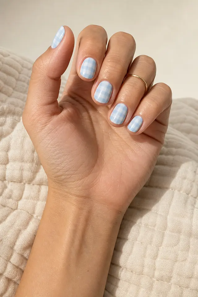 Pale porcelain blue gingham on rounded short nails, glossy finish, light skin, relaxed hand pose in natural window light with visible forearm